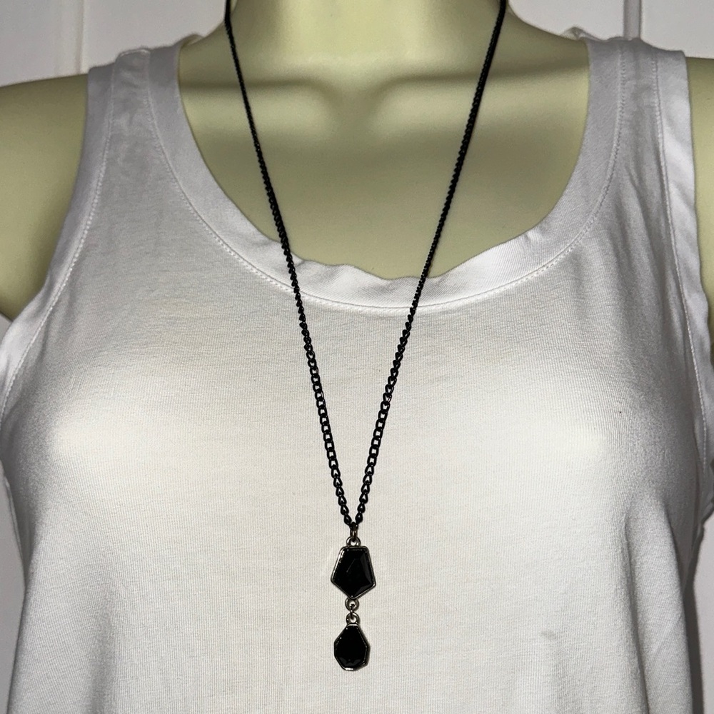 Black Crystal & Silver Tone Pendant Necklace with black chain